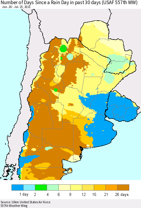 Southern South America Number of Days Since a Rain Day in past 30 days (USAF 557th WW) Thematic Map For 7/21/2021 - 7/25/2021