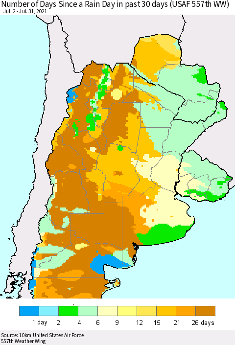 Southern South America Number of Days Since a Rain Day in past 30 days (USAF 557th WW) Thematic Map For 7/26/2021 - 7/31/2021