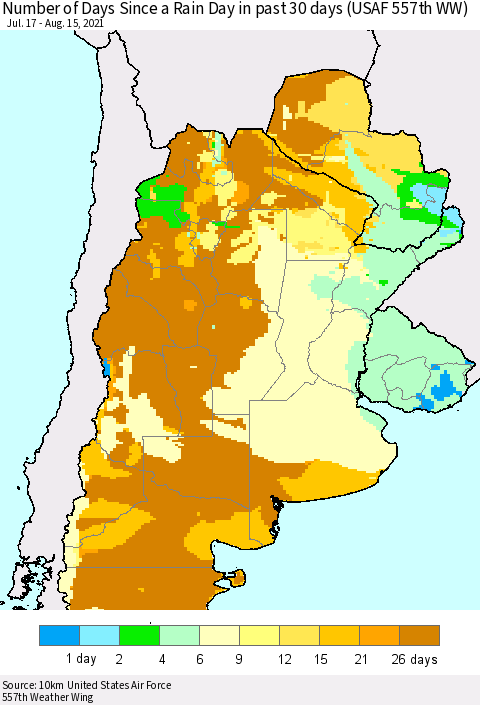 Southern South America Number of Days Since a Rain Day in past 30 days (USAF 557th WW) Thematic Map For 8/11/2021 - 8/15/2021