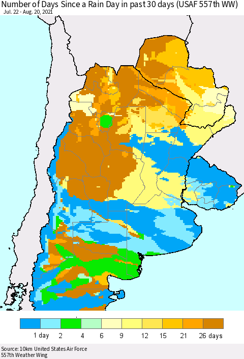 Southern South America Number of Days Since a Rain Day in past 30 days (USAF 557th WW) Thematic Map For 8/16/2021 - 8/20/2021