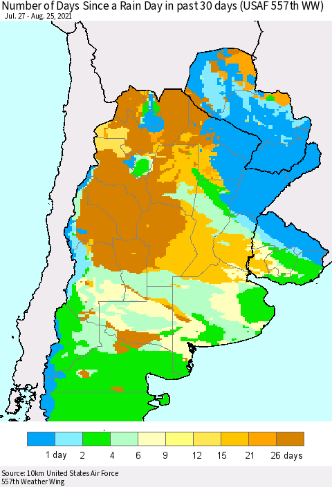 Southern South America Number of Days Since a Rain Day in past 30 days (USAF 557th WW) Thematic Map For 8/21/2021 - 8/25/2021