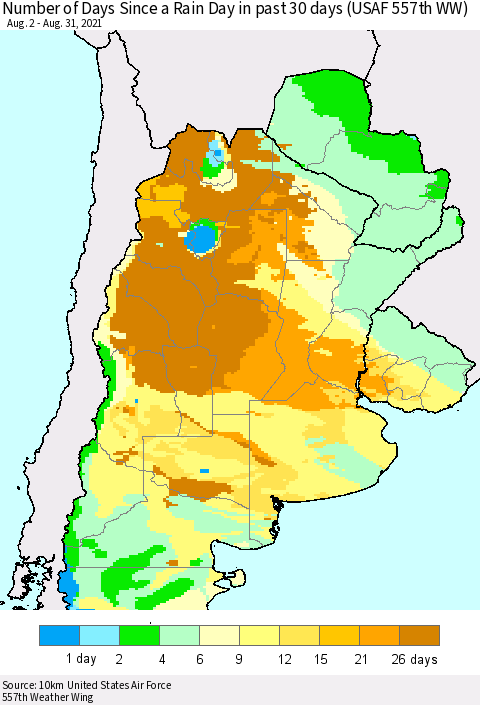 Southern South America Number of Days Since a Rain Day in past 30 days (USAF 557th WW) Thematic Map For 8/26/2021 - 8/31/2021