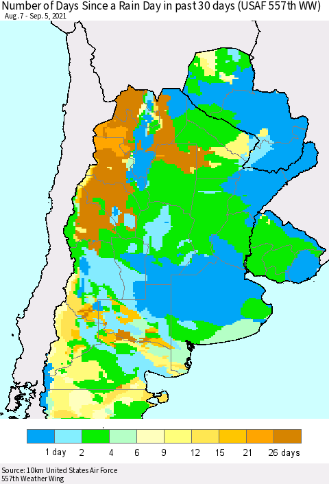 Southern South America Number of Days Since a Rain Day in past 30 days (USAF 557th WW) Thematic Map For 9/1/2021 - 9/5/2021