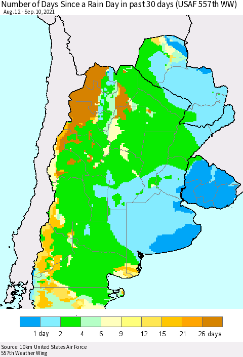 Southern South America Number of Days Since a Rain Day in past 30 days (USAF 557th WW) Thematic Map For 9/6/2021 - 9/10/2021