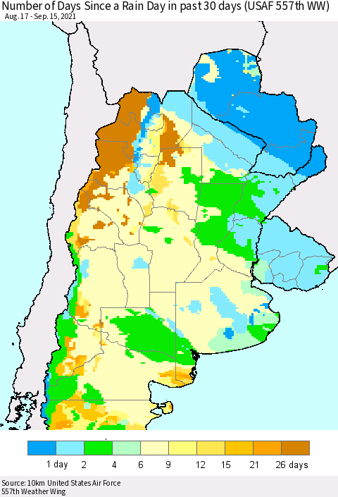 Southern South America Number of Days Since a Rain Day in past 30 days (USAF 557th WW) Thematic Map For 9/11/2021 - 9/15/2021