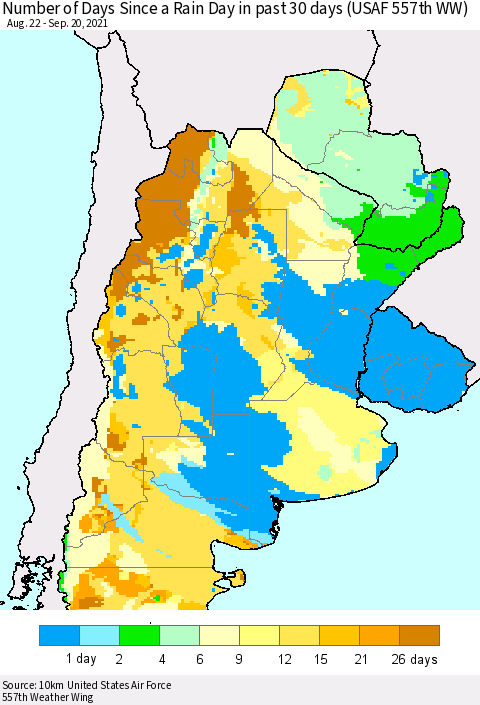 Southern South America Number of Days Since a Rain Day in past 30 days (USAF 557th WW) Thematic Map For 9/16/2021 - 9/20/2021