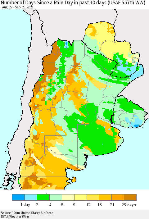 Southern South America Number of Days Since a Rain Day in past 30 days (USAF 557th WW) Thematic Map For 9/21/2021 - 9/25/2021