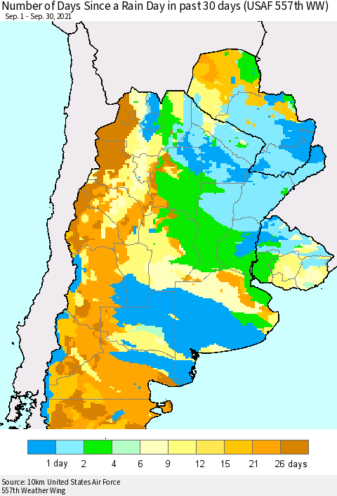 Southern South America Number of Days Since a Rain Day in past 30 days (USAF 557th WW) Thematic Map For 9/26/2021 - 9/30/2021