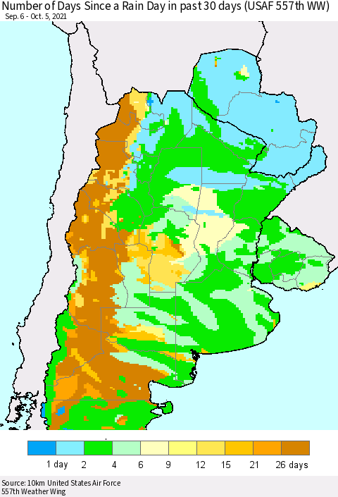Southern South America Number of Days Since a Rain Day in past 30 days (USAF 557th WW) Thematic Map For 10/1/2021 - 10/5/2021