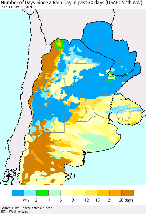 Southern South America Number of Days Since a Rain Day in past 30 days (USAF 557th WW) Thematic Map For 10/6/2021 - 10/10/2021