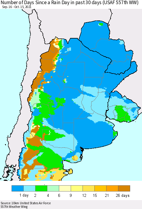 Southern South America Number of Days Since a Rain Day in past 30 days (USAF 557th WW) Thematic Map For 10/11/2021 - 10/15/2021
