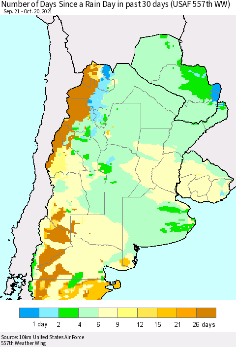 Southern South America Number of Days Since a Rain Day in past 30 days (USAF 557th WW) Thematic Map For 10/16/2021 - 10/20/2021