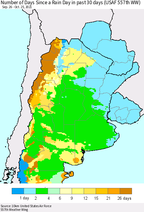 Southern South America Number of Days Since a Rain Day in past 30 days (USAF 557th WW) Thematic Map For 10/21/2021 - 10/25/2021