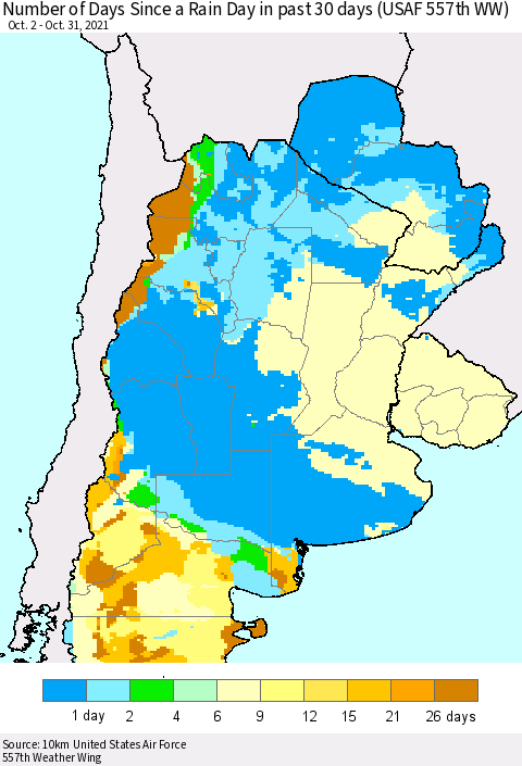 Southern South America Number of Days Since a Rain Day in past 30 days (USAF 557th WW) Thematic Map For 10/26/2021 - 10/31/2021