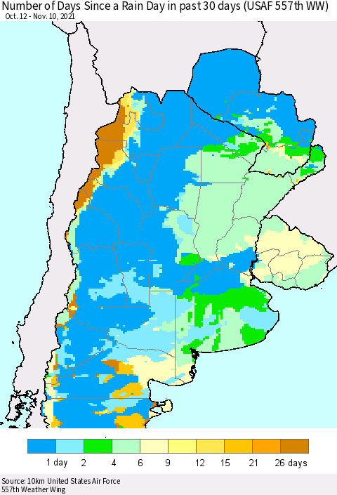 Southern South America Number of Days Since a Rain Day in past 30 days (USAF 557th WW) Thematic Map For 11/6/2021 - 11/10/2021