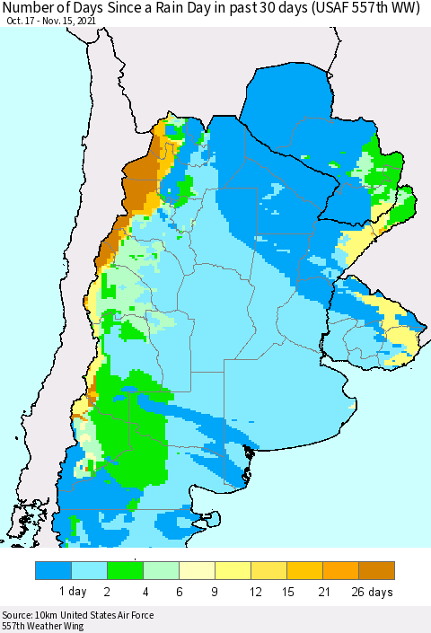 Southern South America Number of Days Since a Rain Day in past 30 days (USAF 557th WW) Thematic Map For 11/11/2021 - 11/15/2021
