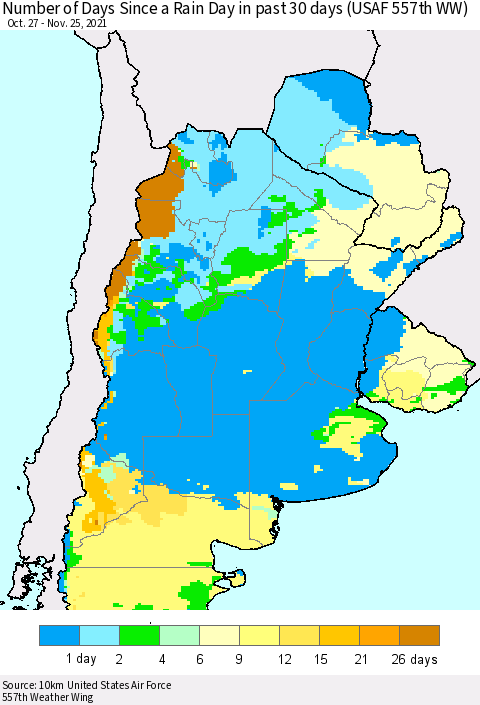 Southern South America Number of Days Since a Rain Day in past 30 days (USAF 557th WW) Thematic Map For 11/21/2021 - 11/25/2021