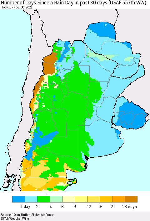 Southern South America Number of Days Since a Rain Day in past 30 days (USAF 557th WW) Thematic Map For 11/26/2021 - 11/30/2021