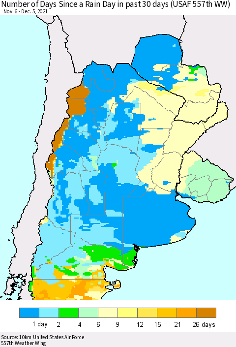Southern South America Number of Days Since a Rain Day in past 30 days (USAF 557th WW) Thematic Map For 12/1/2021 - 12/5/2021