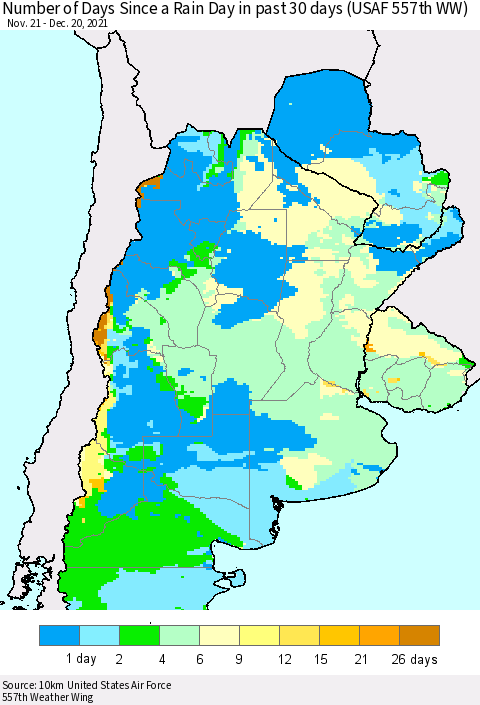 Southern South America Number of Days Since a Rain Day in past 30 days (USAF 557th WW) Thematic Map For 12/16/2021 - 12/20/2021