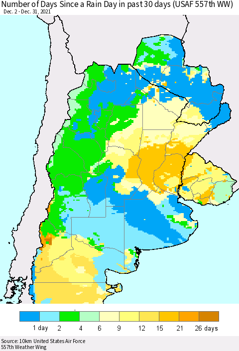 Southern South America Number of Days Since a Rain Day in past 30 days (USAF 557th WW) Thematic Map For 12/26/2021 - 12/31/2021
