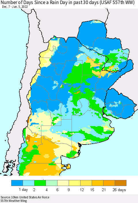 Southern South America Number of Days Since a Rain Day in past 30 days (USAF 557th WW) Thematic Map For 1/1/2022 - 1/5/2022