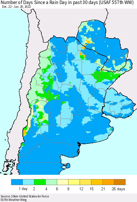 Southern South America Number of Days Since a Rain Day in past 30 days (USAF 557th WW) Thematic Map For 1/16/2022 - 1/20/2022