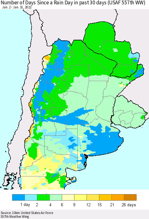 Southern South America Number of Days Since a Rain Day in past 30 days (USAF 557th WW) Thematic Map For 1/26/2022 - 1/31/2022