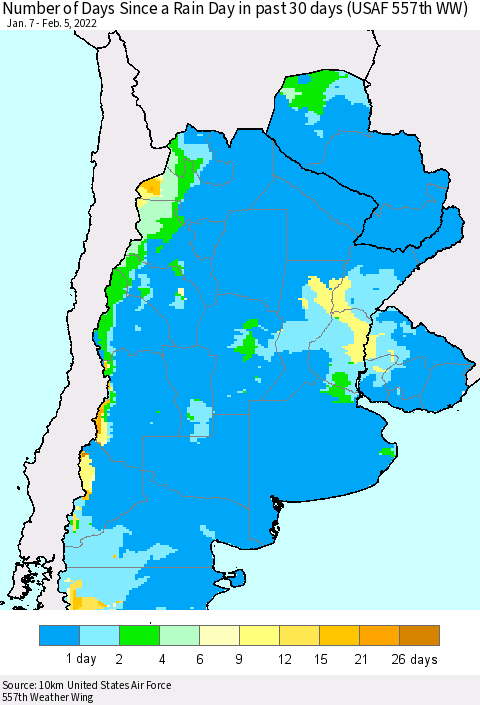 Southern South America Number of Days Since a Rain Day in past 30 days (USAF 557th WW) Thematic Map For 2/1/2022 - 2/5/2022