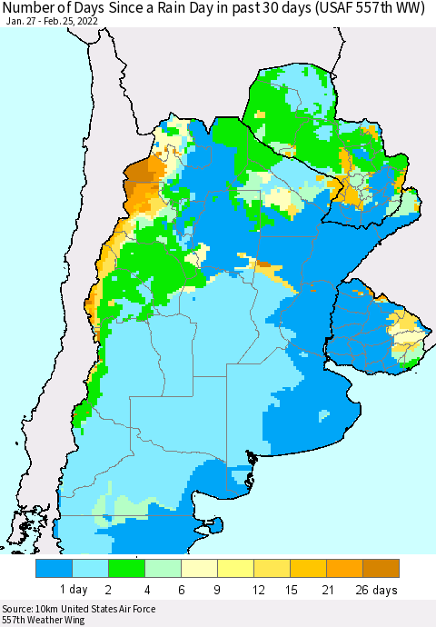Southern South America Number of Days Since a Rain Day in past 30 days (USAF 557th WW) Thematic Map For 2/21/2022 - 2/25/2022