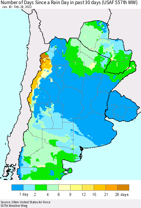 Southern South America Number of Days Since a Rain Day in past 30 days (USAF 557th WW) Thematic Map For 2/26/2022 - 2/28/2022