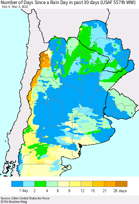 Southern South America Number of Days Since a Rain Day in past 30 days (USAF 557th WW) Thematic Map For 3/1/2022 - 3/5/2022