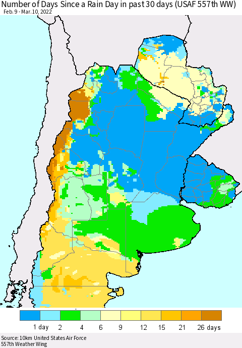 Southern South America Number of Days Since a Rain Day in past 30 days (USAF 557th WW) Thematic Map For 3/6/2022 - 3/10/2022