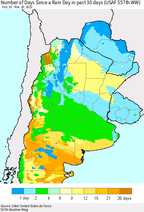 Southern South America Number of Days Since a Rain Day in past 30 days (USAF 557th WW) Thematic Map For 3/16/2022 - 3/20/2022