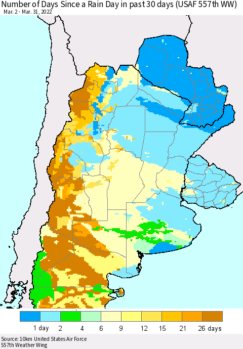 Southern South America Number of Days Since a Rain Day in past 30 days (USAF 557th WW) Thematic Map For 3/26/2022 - 3/31/2022