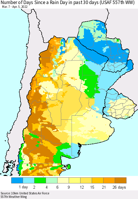 Southern South America Number of Days Since a Rain Day in past 30 days (USAF 557th WW) Thematic Map For 4/1/2022 - 4/5/2022