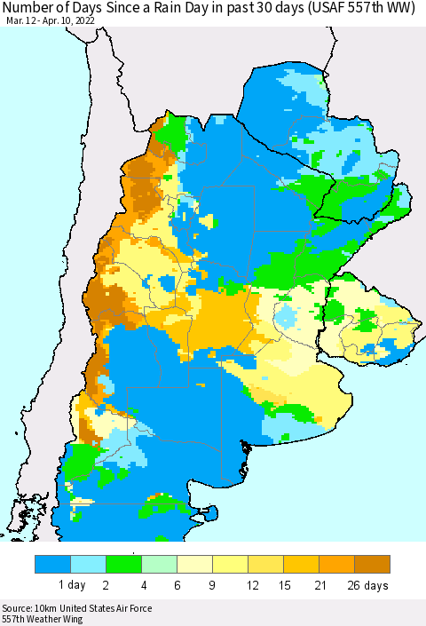 Southern South America Number of Days Since a Rain Day in past 30 days (USAF 557th WW) Thematic Map For 4/6/2022 - 4/10/2022