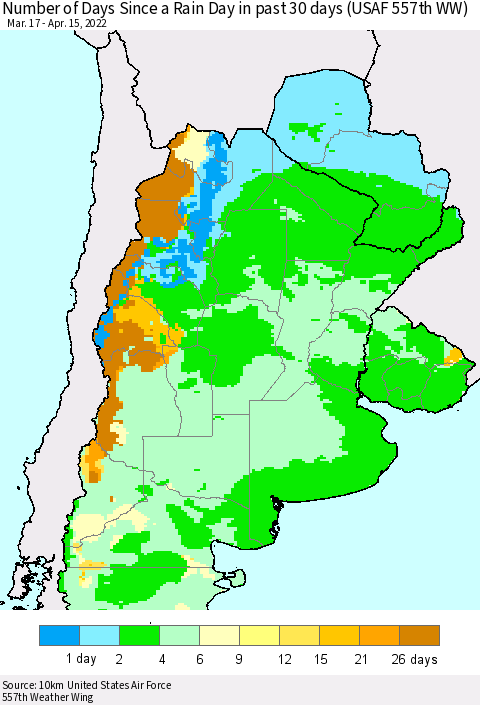 Southern South America Number of Days Since a Rain Day in past 30 days (USAF 557th WW) Thematic Map For 4/11/2022 - 4/15/2022