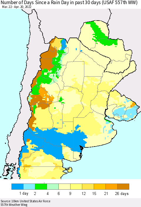 Southern South America Number of Days Since a Rain Day in past 30 days (USAF 557th WW) Thematic Map For 4/16/2022 - 4/20/2022