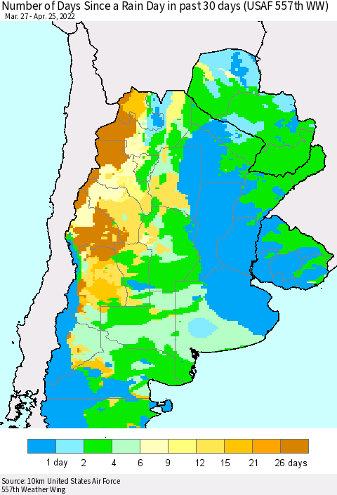 Southern South America Number of Days Since a Rain Day in past 30 days (USAF 557th WW) Thematic Map For 4/21/2022 - 4/25/2022
