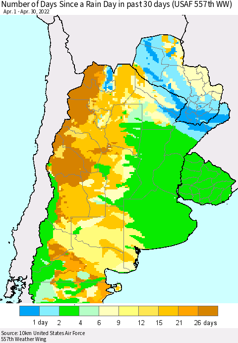 Southern South America Number of Days Since a Rain Day in past 30 days (USAF 557th WW) Thematic Map For 4/26/2022 - 4/30/2022
