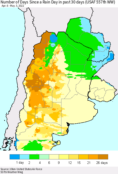 Southern South America Number of Days Since a Rain Day in past 30 days (USAF 557th WW) Thematic Map For 5/1/2022 - 5/5/2022