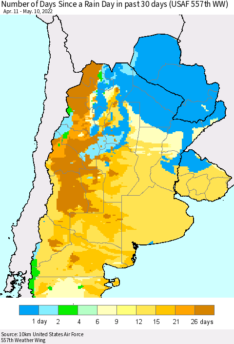 Southern South America Number of Days Since a Rain Day in past 30 days (USAF 557th WW) Thematic Map For 5/6/2022 - 5/10/2022