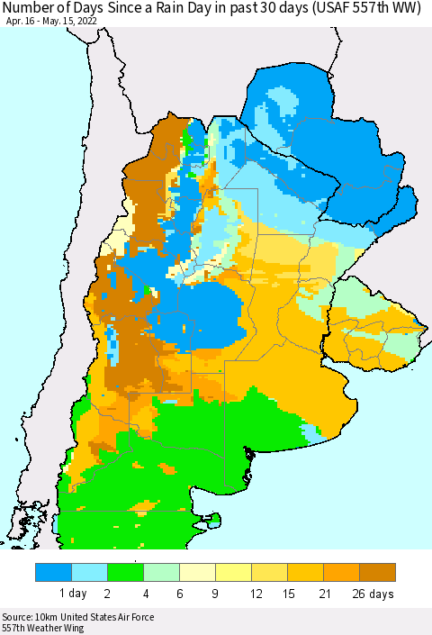 Southern South America Number of Days Since a Rain Day in past 30 days (USAF 557th WW) Thematic Map For 5/11/2022 - 5/15/2022