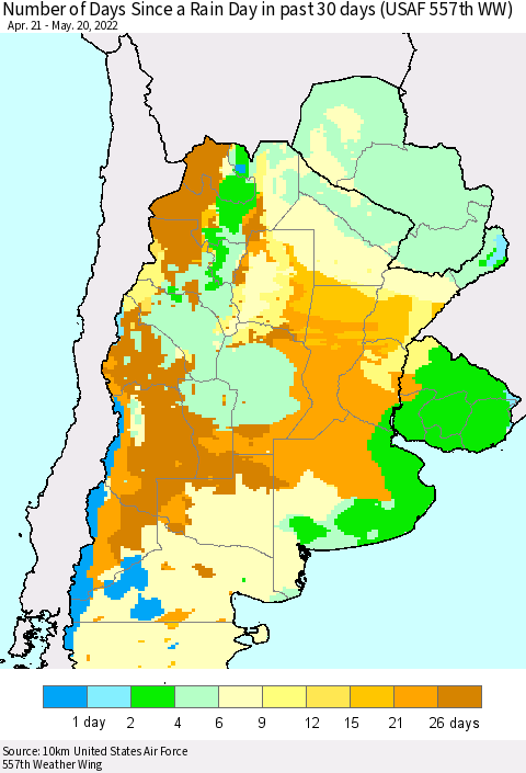 Southern South America Number of Days Since a Rain Day in past 30 days (USAF 557th WW) Thematic Map For 5/16/2022 - 5/20/2022