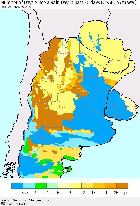 Southern South America Number of Days Since a Rain Day in past 30 days (USAF 557th WW) Thematic Map For 5/21/2022 - 5/25/2022