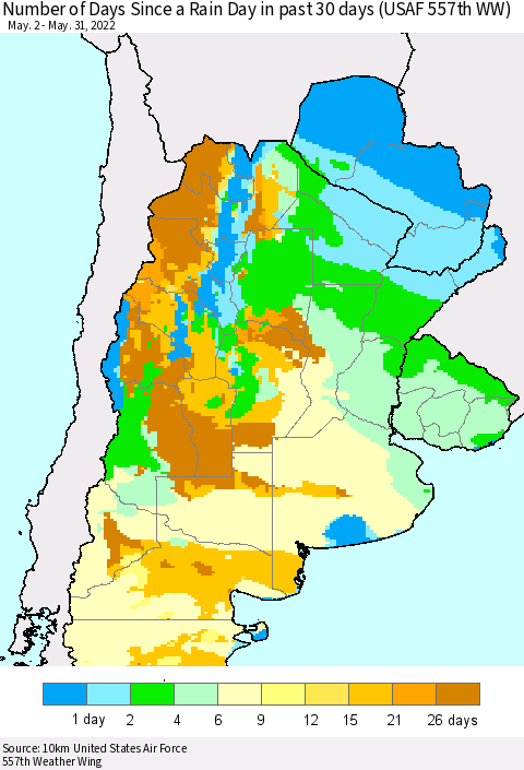 Southern South America Number of Days Since a Rain Day in past 30 days (USAF 557th WW) Thematic Map For 5/26/2022 - 5/31/2022