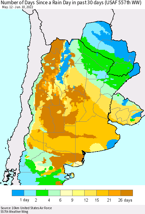 Southern South America Number of Days Since a Rain Day in past 30 days (USAF 557th WW) Thematic Map For 6/6/2022 - 6/10/2022