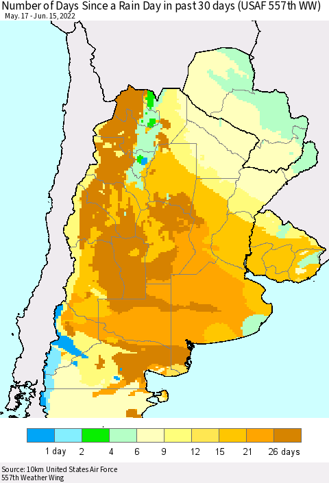 Southern South America Number of Days Since a Rain Day in past 30 days (USAF 557th WW) Thematic Map For 6/11/2022 - 6/15/2022