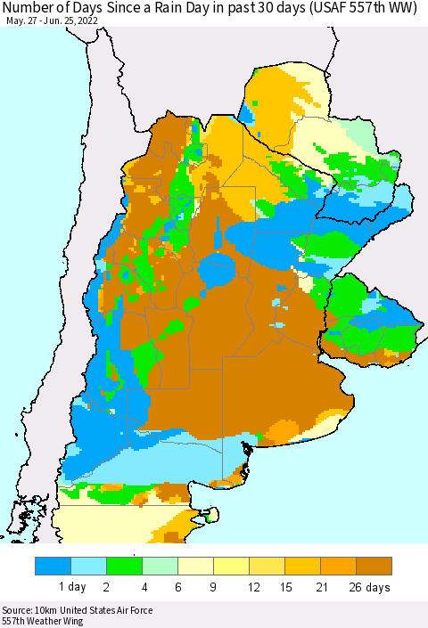 Southern South America Number of Days Since a Rain Day in past 30 days (USAF 557th WW) Thematic Map For 6/21/2022 - 6/25/2022